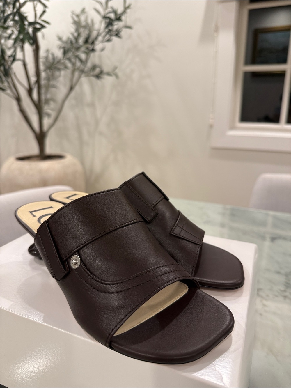 Loewe Dark Brown Leather Slide Mules